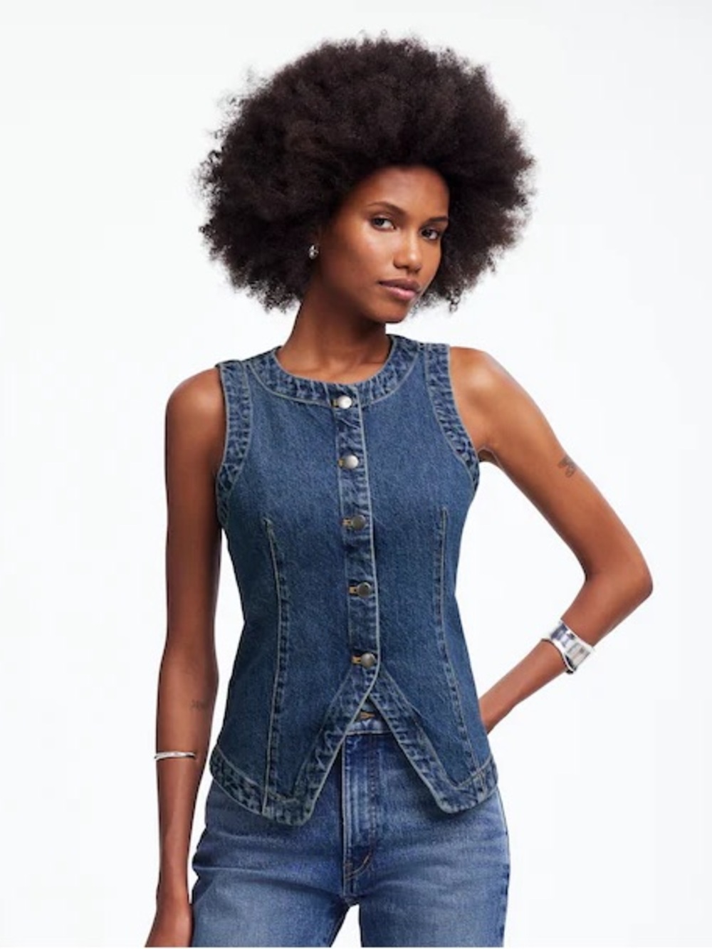 NWT Madewell Denim Crewneck Vest Concho Wash size 8 nv051 snap western jean